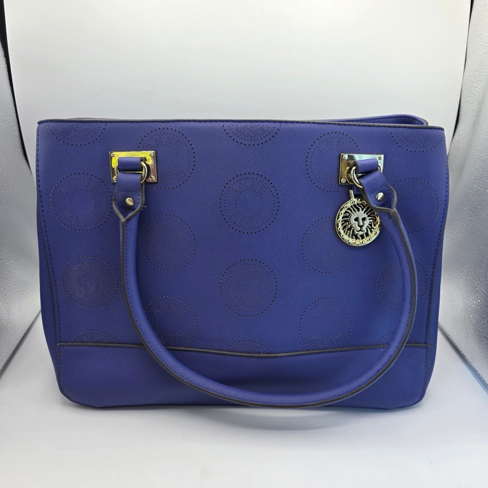 Anne Klein Purple Perforated Logo Tote Bag Gold Lion Charm Saffiano Satchel
